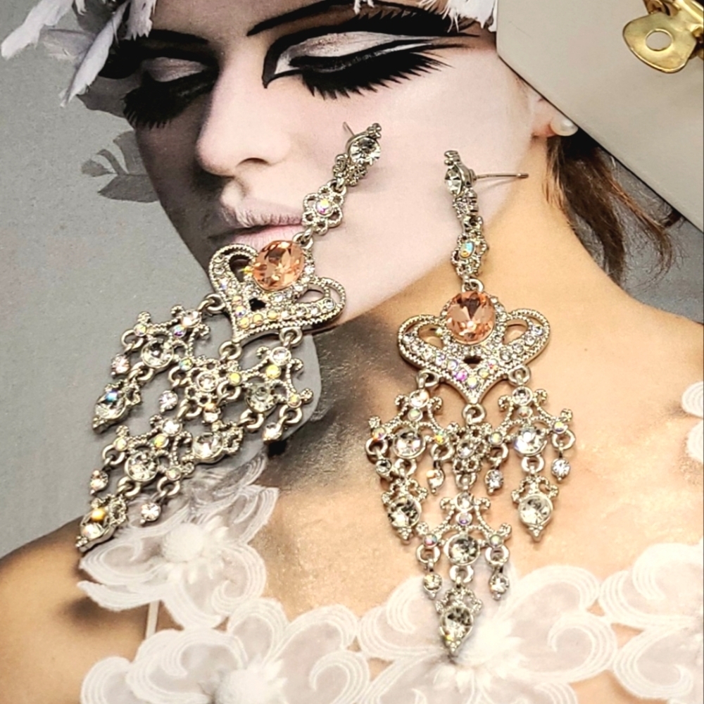 Vintage Baroque Crystal Heart Shaped Earrings Silver Chandelier Earrings
